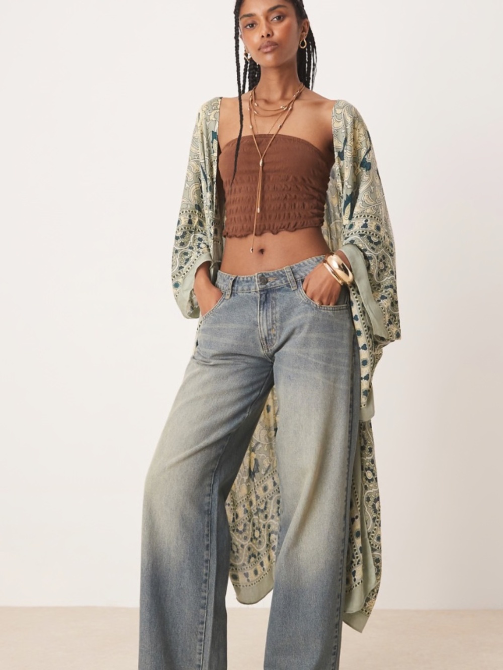Free People Magic Dance border print kimono in moss green